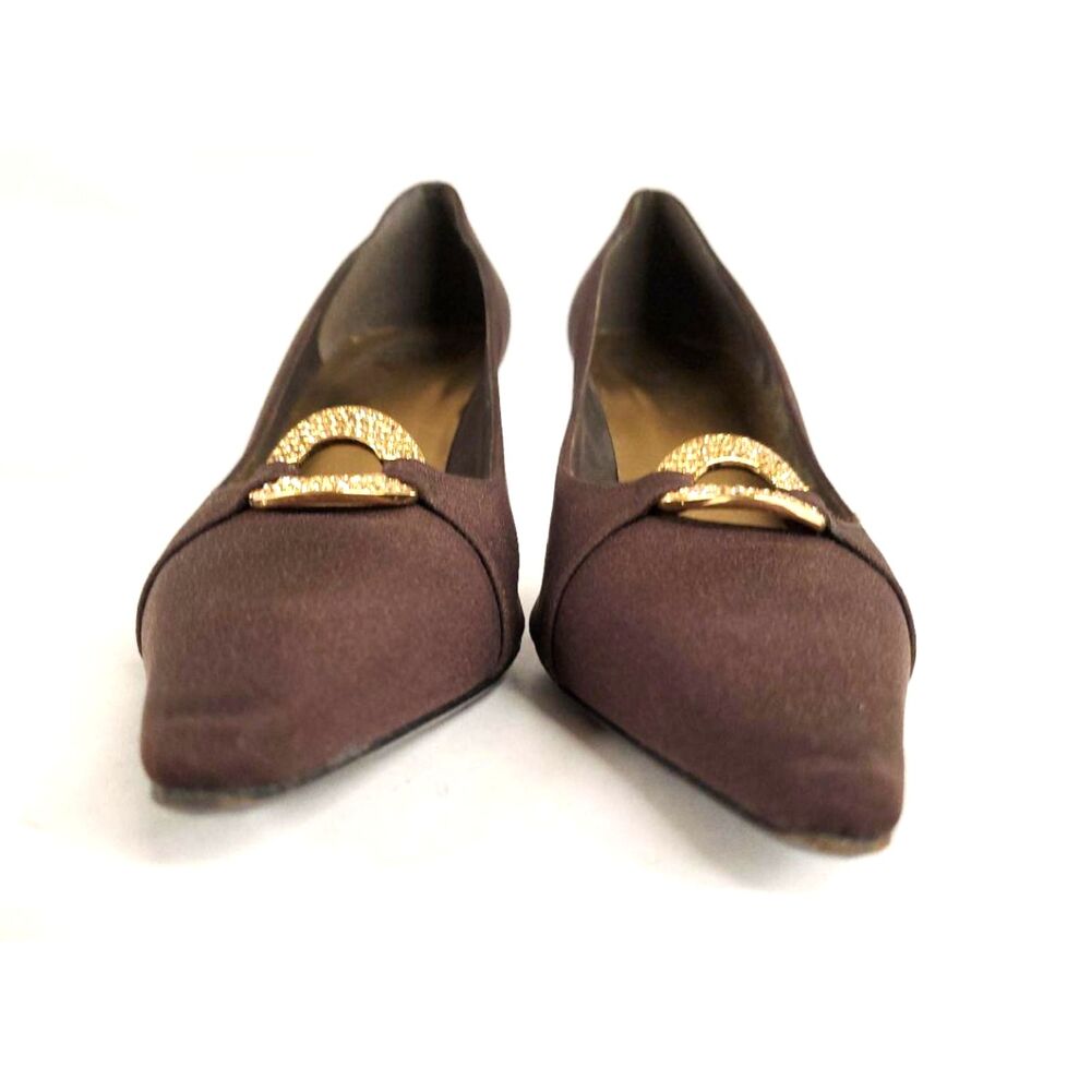 Stuart Weitzman Mary Brown Peau de Soie Gold Jeweled Buckle Pumps Size Size 9.5